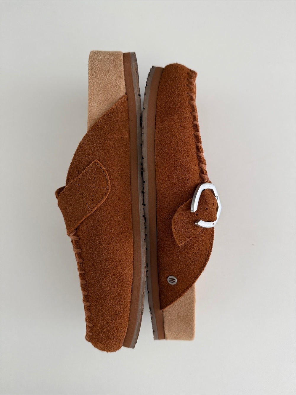 Minnetonka women’s Chestnut Brown Suede Slip-On Clog with Buckle - Picture 4 of 5